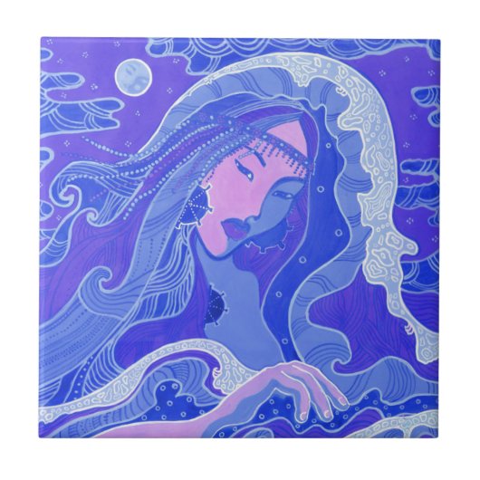 ウェーブマーメイドファンタジー超現実的アジアの女の子ブルーピンク タイル (正面)