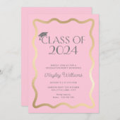 ウェーブライトピンク金ゴールド卒業パーティー 招待状 (正面/裏面)