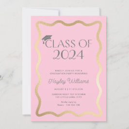 ウェーブライトピンク金ゴールド卒業パーティー 招待状