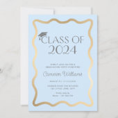 ウェーブライトブルー金ゴールド卒業パーティー 招待状 (正面)