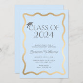 ウェーブライトブルー金ゴールド卒業パーティー 招待状 (正面/裏面)