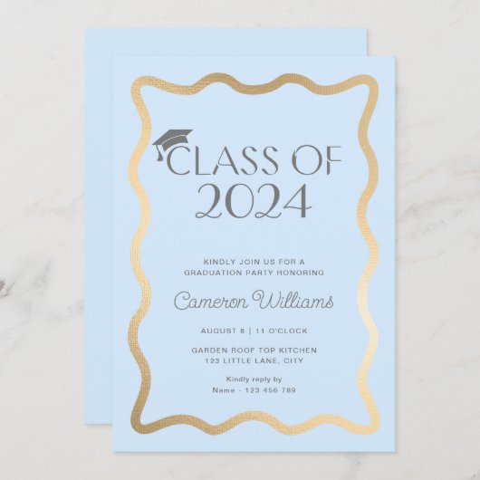 ウェーブライトブルー金ゴールド卒業パーティー 招待状 (正面/裏面)