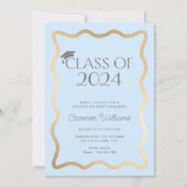 ウェーブライトブルー金ゴールド卒業パーティー 招待状