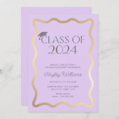 ウェーブライト薄紫金ゴールド卒業パーティー 招待状 (正面/裏面)