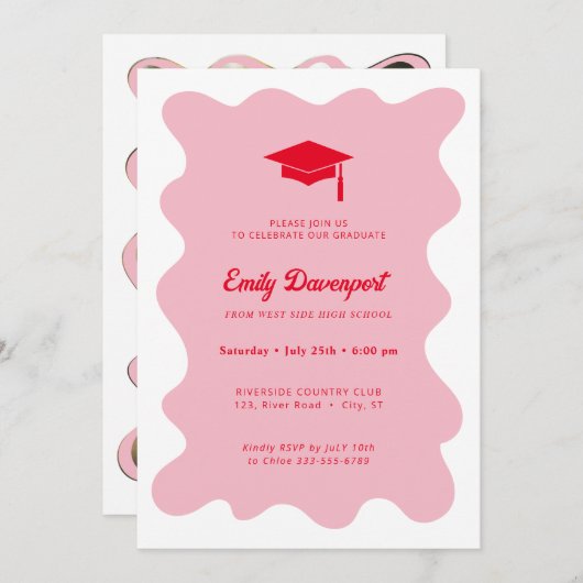 ウェーブリーファンシーレトロ卒業写真の背面 招待状 (正面/裏面)