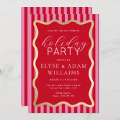 ウェーブレッドピンクストライプ色クリスマスホリデーパーティー 招待状 (正面/裏面)