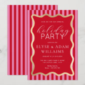 ウェーブレッドピンクストライプ クリスマスホリデーパーティー 招待状 (正面/裏面)