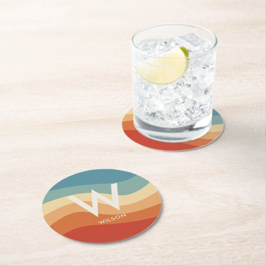 ウェーブレトロストライプモノグラムパーソナルパーティー ラウンドペーパーコースター (インサイチュ)