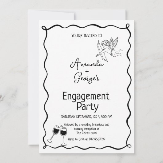 ウェーブ型のエンゲージメント発表の結婚式 招待状 (正面)