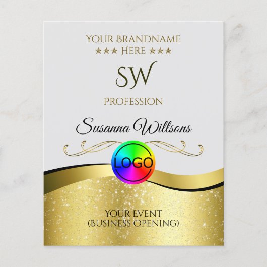 ウェーブ状のゴールドデコレーションが施されたライトグレーのロゴモノグラムのフライヤー チラシ (正面)