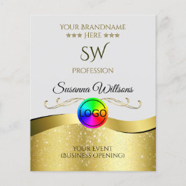 ウェーブ状のゴールドデコレーションが施されたライトグレーのロゴモノグラムのフライヤー チラシ