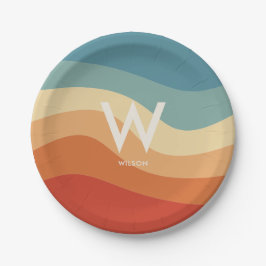 ウェーブ レトロ ストライプ モノグラム パーソナル パーティ ペーパープレート