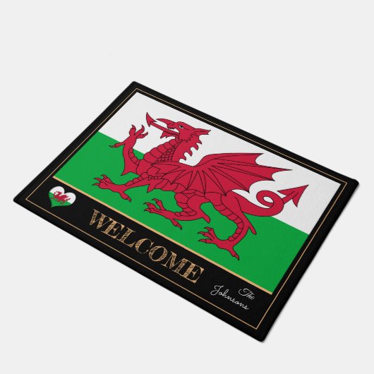 ウェールズのエンブレム、ウェールズ国旗のマットサイmru /sport Welcome ドアマット (アングル)