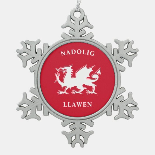 ウェールズのクリスマス　シンプルケルト　Nadolig Llawen スノーフレークピューターオーナメント (正面)