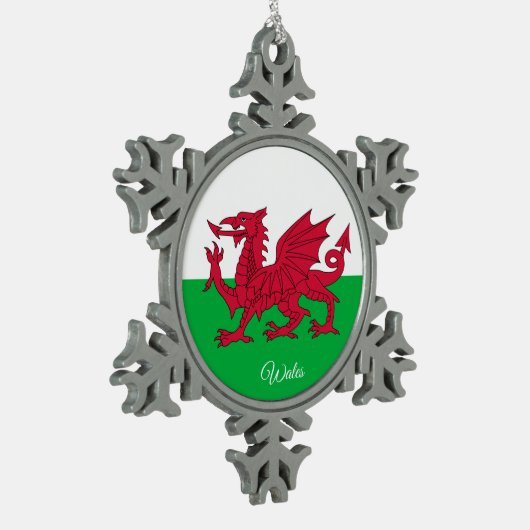 ウェールズのスノーフレーク、ドラゴン、ウェールズ国旗 スノーフレークピューターオーナメント (左)