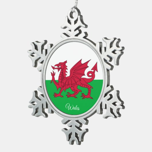 ウェールズのスノーフレーク、ドラゴン、ウェールズ国旗 スノーフレークピューターオーナメント (右)