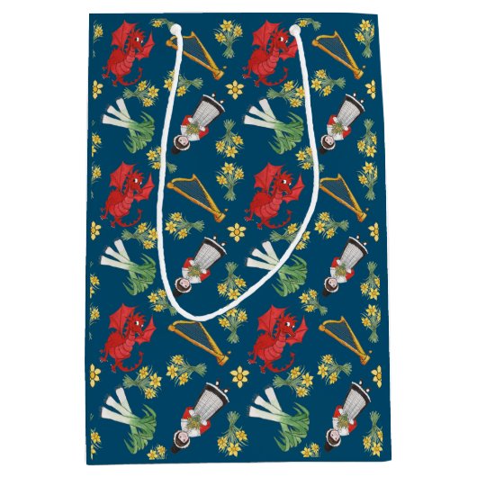 ウェールズの衣裳および紋章の青い中型のギフトバッグ ミディアムペーパーバッグ (正面)