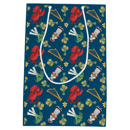 ウェールズの衣裳および紋章の青い中型のギフトバッグ ミディアムペーパーバッグ (裏面)