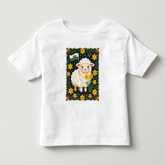 ウェールズを応援する水仙に囲まれたかわいい子羊 トドラーTシャツ (正面)