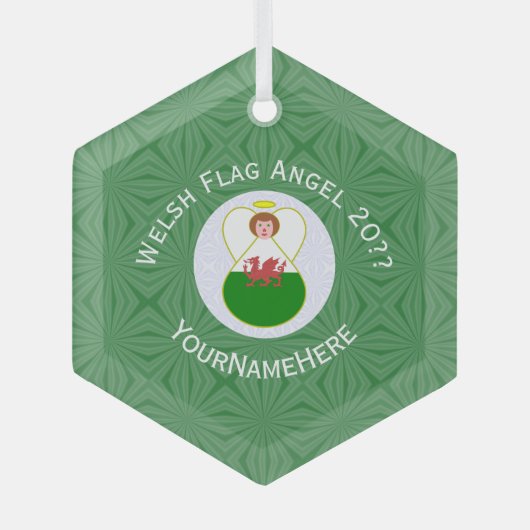 ウェールズ国旗のエンジェルクリスマスグリーンホワイト ガラスオーナメント (正面)