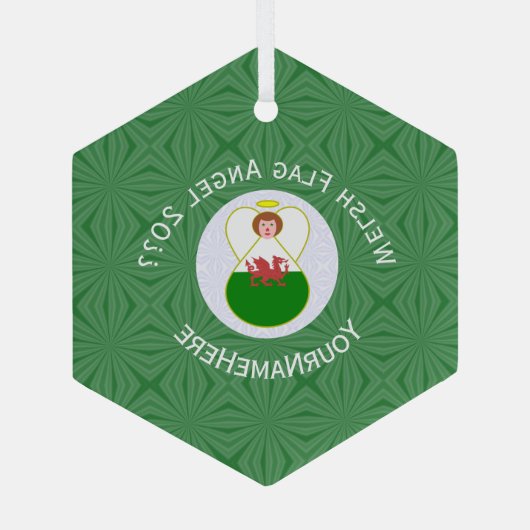 ウェールズ国旗のエンジェルクリスマスグリーンホワイト ガラスオーナメント (裏面)
