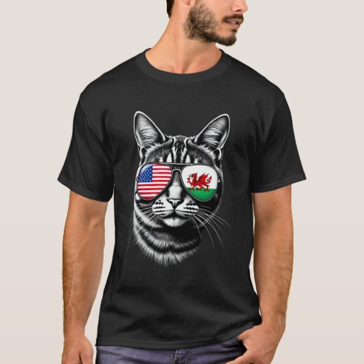 ウェールズ アメリカ国旗 ネコ サングラス デザイン Tシャツ (正面)