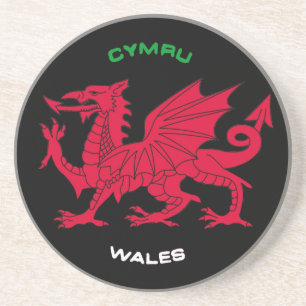 ウェールズ(Cymru)の赤いドラゴン、黒、緑白 コースター