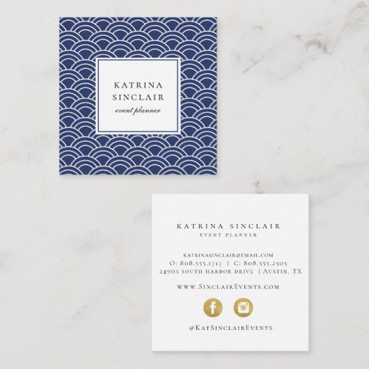 ウェ日本のーブパターンネイビーブルー スクエア名刺 (正面/裏面)