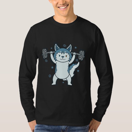 ウエイトを持ち上げるハスキー犬 Tシャツ (正面)