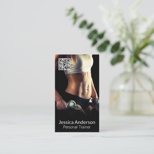 ウエイト持ち上げ女性 |フィットネストレーナー | QR 名刺 (スタンド正面)
