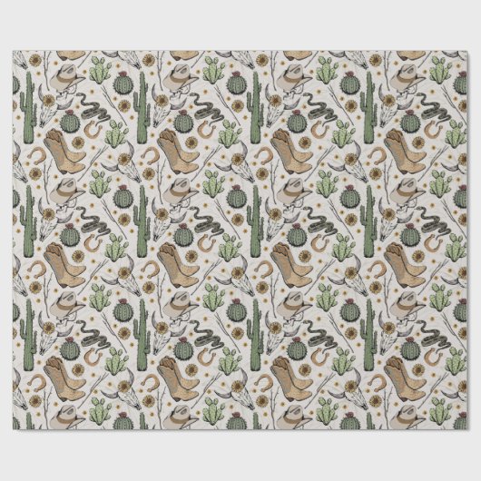 ウエスタンアメリカーナイングリビングカウボーイスカルとサボテン ラッピングペーパー (フラット)