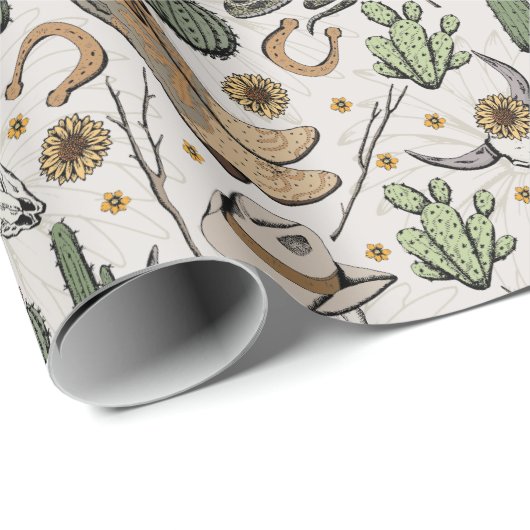 ウエスタンアメリカーナイングリビングカウボーイスカルとサボテン ラッピングペーパー (ロールコーナー)