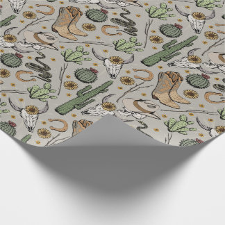 ウエスタンアメリカーナイングリビングカウボーイスカルとサボテン ラッピングペーパー