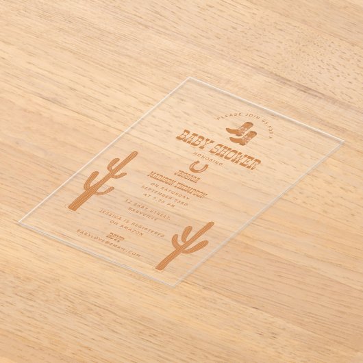 ウエスタンアースントーンカントリーベビーブーツシャワー アクリル招待状 (レイダウン)