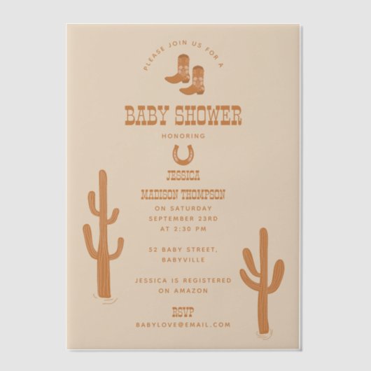 ウエスタンアースントーンカントリーベビーブーツシャワー ベラム紙招待状 (正面)