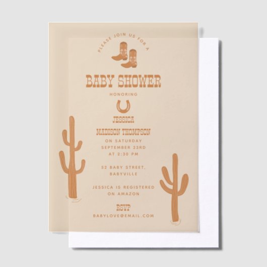 ウエスタンアースントーンカントリーベビーブーツシャワー ベラム紙招待状 (オフセット)