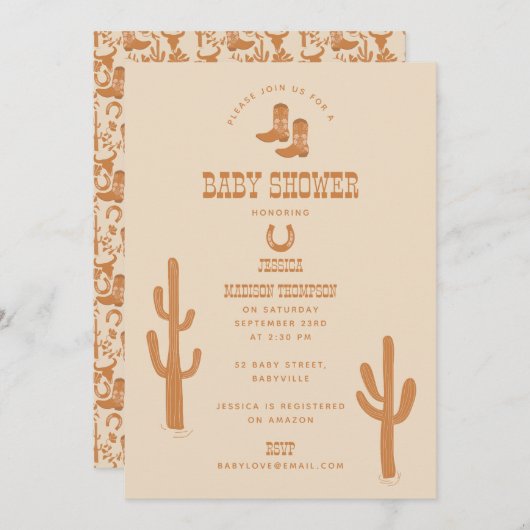 ウエスタンアースントーンカントリーベビーブーツシャワー 招待状 (正面/裏面)