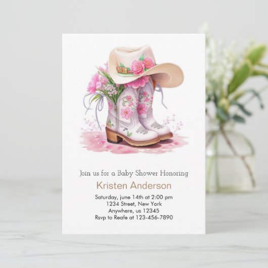 ウエスタンウォーターカラーディライト女性のカーボーイベビーシャワー 招待状 (スタンド正面)