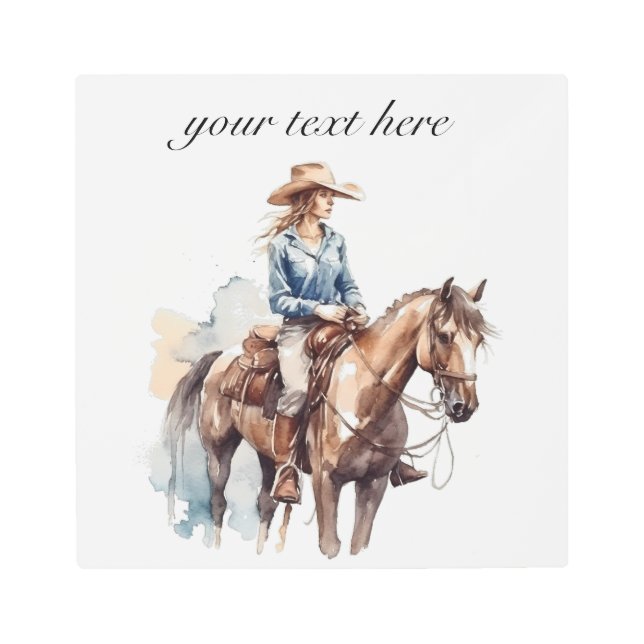 ウエスタンウォーターカラーブルネット女性のカーボーイカスタム メタルプリント (正面)