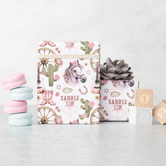 ウエスタンウォーターカラー女性のカーボーイカントリーパターン ラッピングペーパー (ベビーシャワー)