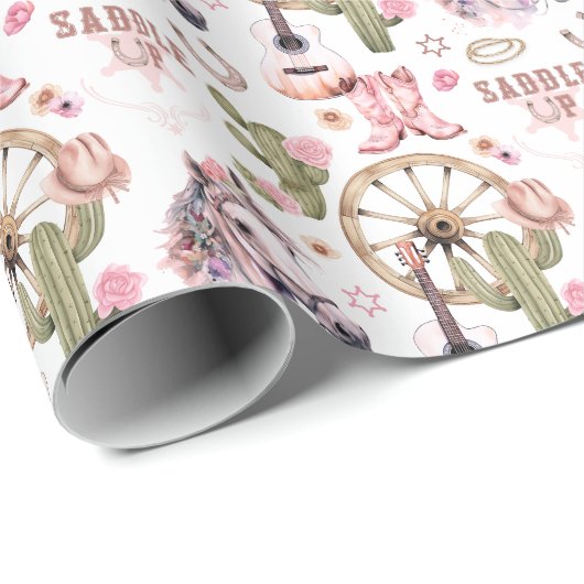 ウエスタンウォーターカラー女性のカーボーイカントリーパターン ラッピングペーパー (ロールコーナー)