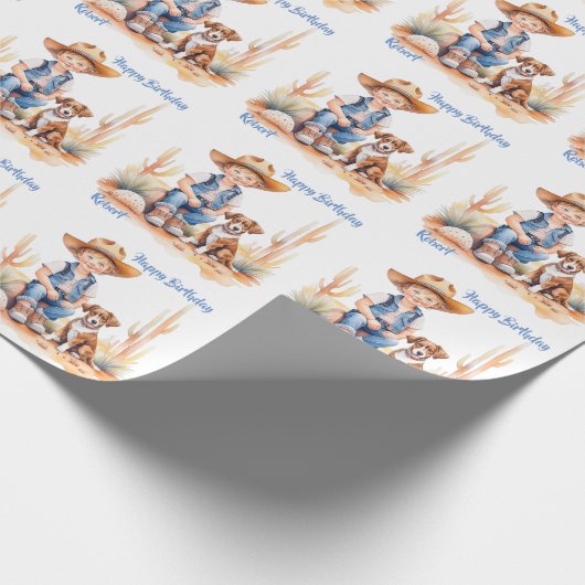 ウエスタンカウボーイアンドドッグパーソナライズされた誕生日 ラッピングペーパー (角)