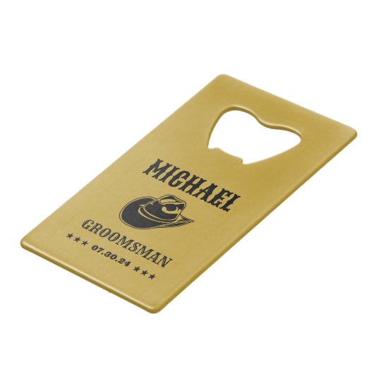 ウエスタンカウボーイハットクラシックパーソナライズされたグロームスマン クレジットカード栓抜き (裏面アングル)