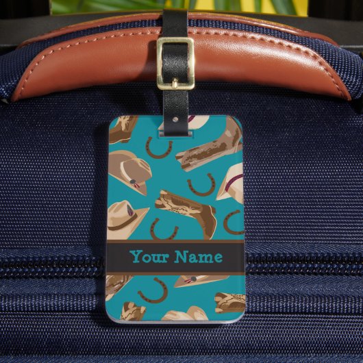 ウエスタンカウボーイハットブーツターコイズブルーティール（緑がかった色）名 ラゲッジタグ (正面インサイチュ2)