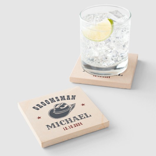 ウエスタンカウボーイハット花婿介添人グロムスメンパーソナライズされた ストーンコースター (横)