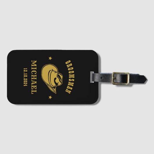 ウエスタンカウボーイハット花婿介添人グロムスメンパーソナライズされた ラゲッジタグ (正面横)