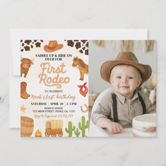 ウエスタンカウボーイファーストロデオ誕生日フォト招待状 サンキューカード (正面)