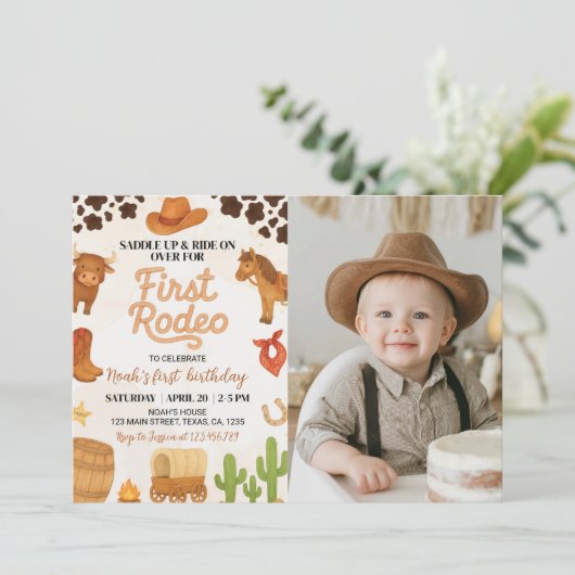 ウエスタンカウボーイファーストロデオ誕生日フォト招待状 サンキューカード (スタンド正面)