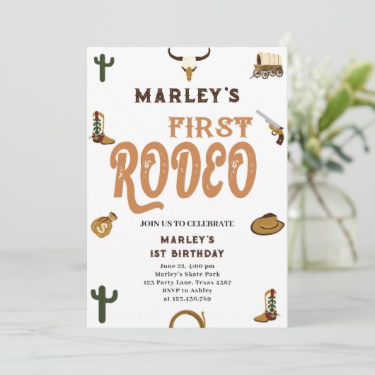 ウエスタンカウボーイファースト誕生日ロデオワイルド男の赤ちゃん 招待状 (スタンド正面)