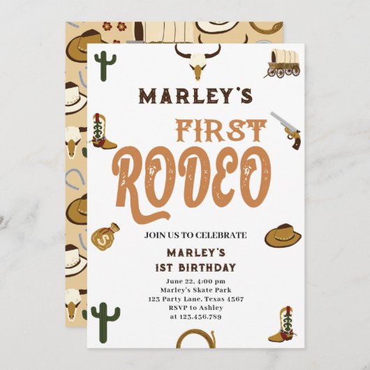 ウエスタンカウボーイファースト誕生日ロデオワイルド男の赤ちゃん 招待状 (正面/裏面)